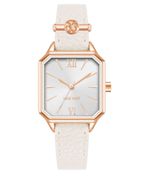 Women's Quartz Square White Faux Leather Band Watch, 27mm