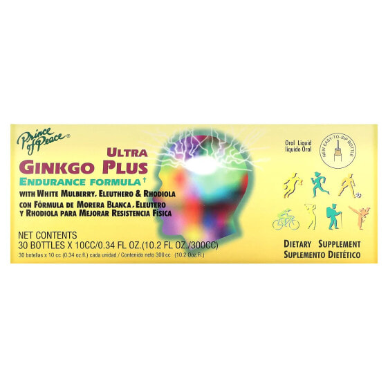 Витаминно-травяной продукт Prince of Peace Ultra Ginkgo Plus, Формула выносливости, 30 флаконов по 0.34 жидк.унц. (10 cc) каждый