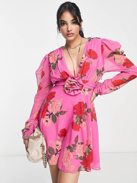 ASOS DESIGN long sleeve mini dress with neck ties and corsage in pink floral print 