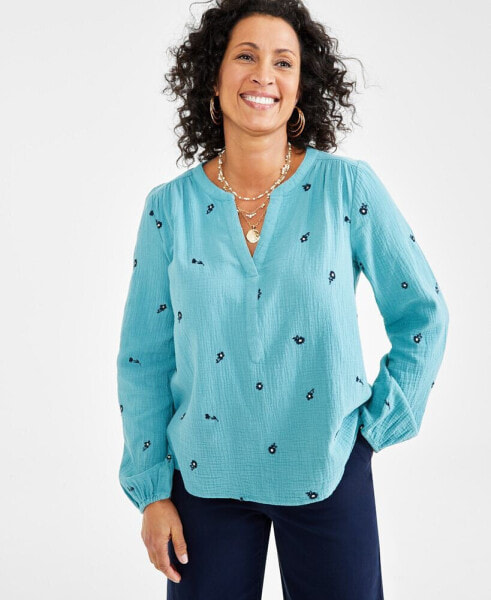 Women's Cotton Embroidered Split-Neck Gauze Blouse, Created for Macy's