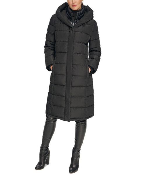 Women's Petite Bibbed Hooded Puffer Coat