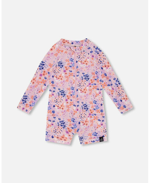 Baby Girl Long Sleeve One Piece Rashguard Lavender Printed Fields Flowers - Infant