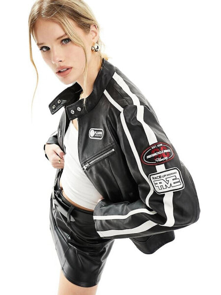 Bershka faux leather motorcross jacket in black