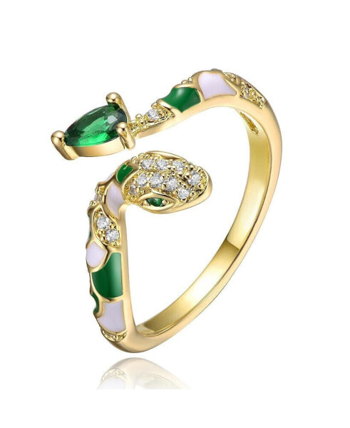 RA 14k Yellow Gold Plated with Emerald & Cubic Zirconia Coiled Snake Serpent Open Bypass Cuff Ring
