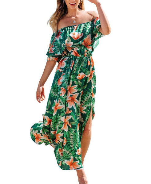 Women's Green & Orange Tropical Off-Shoulder Flounce Bodice Maxi Beach Dress