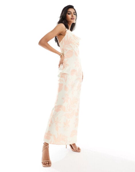 Pretty Lavish Keisha satin maxi dress in blush abstract leaf