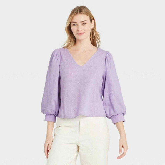 Women's 3/4 Sleeve Voile V-Neck Top - A New Day Purple XXL