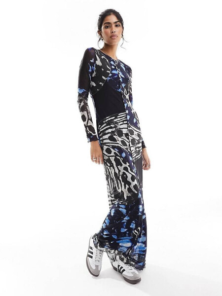 Vero Moda long sleeved lettuce edge mesh maxi dress in blue abstract butterfly print