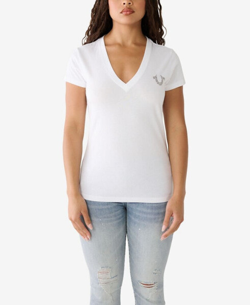 Women's Short Sleeve Crystal Stamp V-neck T-shirt