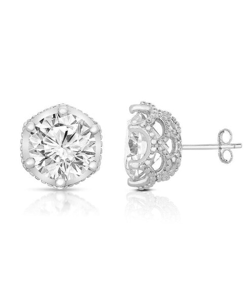 Sterling Silver White Gold Plated Round-cut Cubic Zirconia Stone stud Earring