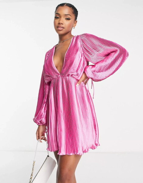 ASOS DESIGN – Satin-Minikleid in Rosa mit plissiertem Detail, tiefem Ausschnitt und Blousonärmeln