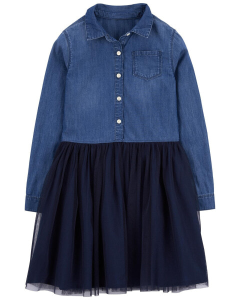 Kid Mixed Fabric Chambray and Tulle Dress 5