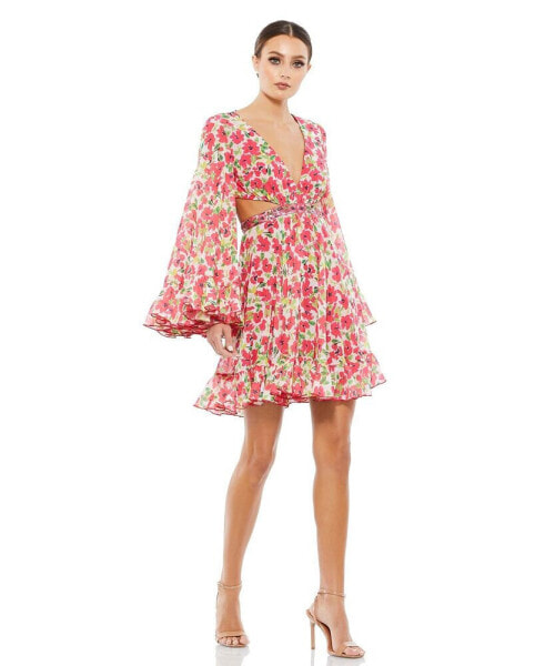 Women's Ieena Floral Cut Out V Neck Bell Sleeve Mini Dress