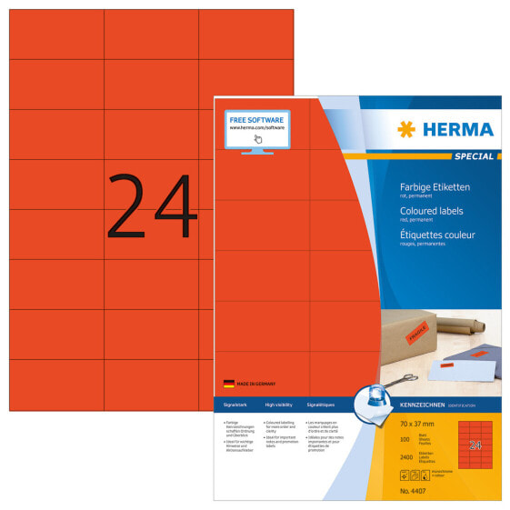 HERMA Coloured Labels A4 70x37 mm red paper matt 2400 pcs. - Red - Rectangle - Permanent - Paper - Matte - Laser/Inkjet