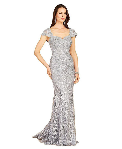 Women's Long Bell Sleeve V-Neck Beaded Gown