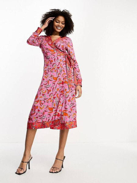 Never Fully Dressed contrast wrap midi dress in pink and red chilli print