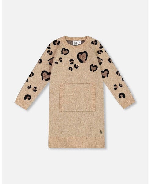 Big Girls Sweater Dress With Heart Jacquard Beige Mix