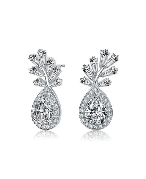 Sterling Silver with White Gold Rhodium Plated Clear Pear with Round and Tapered Baguette Cubic Zirconia Accent Drop Earrings