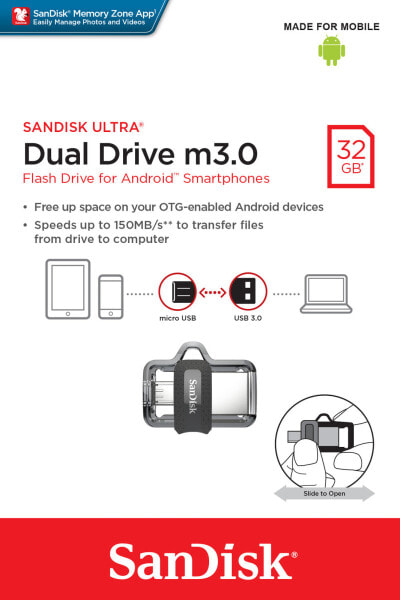 Ultra Dual m3.0 - 32 GB - USB Type-A / Micro-USB - 3.2 Gen 1 (3.1 Gen 1) - Slide - 5.2 g - Black - Silver - Transparent