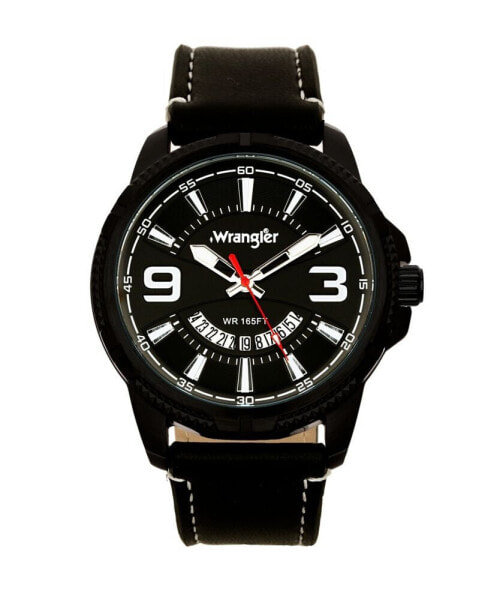Men's Watch, 48MM Black Ridged Case with Black Zoned Dial, Outer Zone is Milled with White Index Markers, Outer Ring Has is Marked with White, Analog Watch with Red Second Hand and Crescent