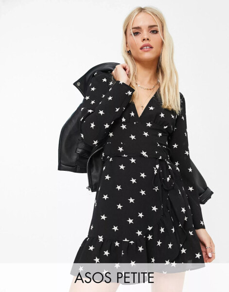 ASOS DESIGN Petite wrap front mini dress in star print