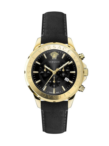 Versace Herren Armbanduhr Chrono Signature 44 mm Chronograph, Datumsfenster Armband Leder VEV600721