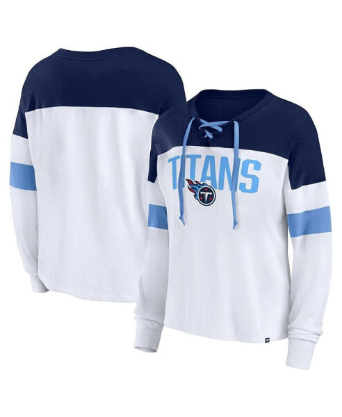 Women's White, Navy Tennessee Titans Plus Size Even Match Lace-Up Long Sleeve V-Neck T-shirt