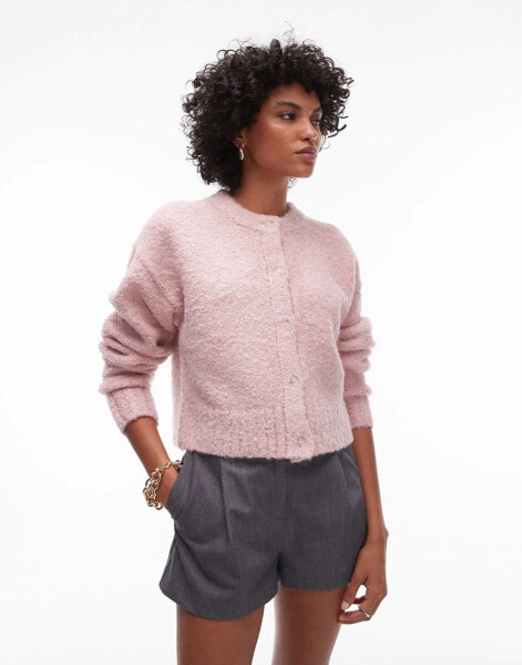 Topshop knitted crew boucle cardigan in pink