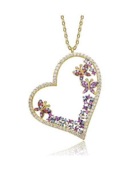 14K Gold Plated Multi Colored Cubic Zirconia Heart Necklace