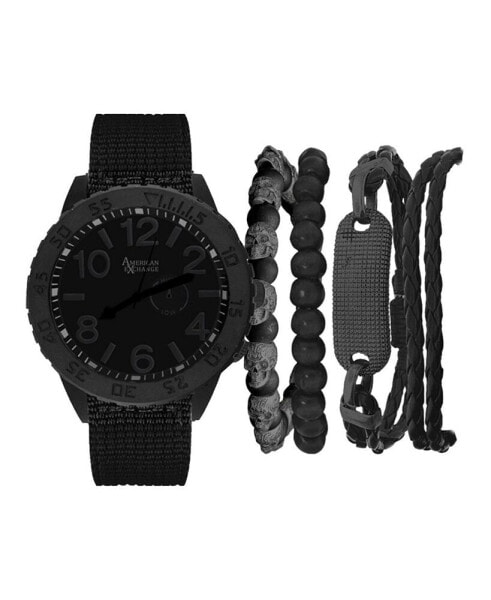 Men's Quartz Dial Black Fabric Strap Watch and Assorted Black Stackable Bracelets Gift Set, Set of 5