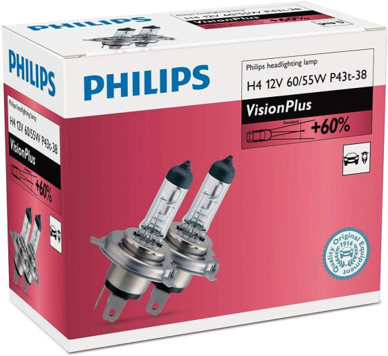H4 12V 6055W P43t Vision Plus 60% Pack of 2 Philips