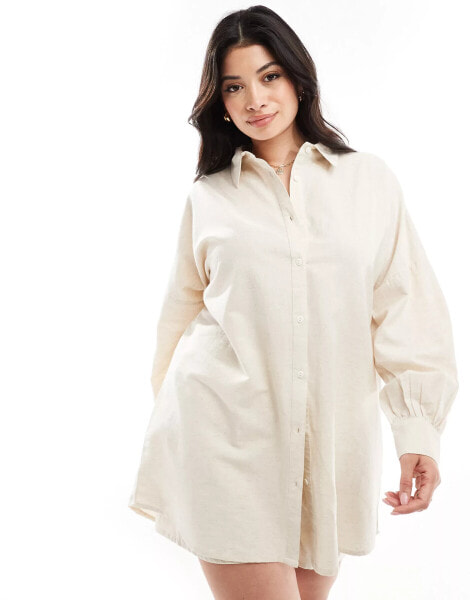 In The Style Plus linen look oversized shirt co-ord in stone