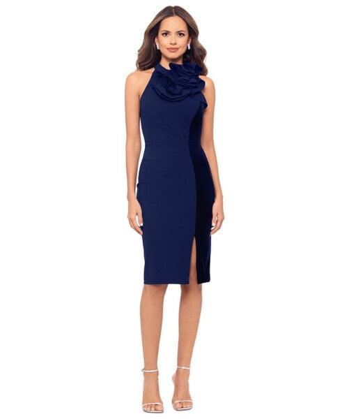 Women's Ruffled Halter Velvet-Trim Sleeveless Sheath Dress