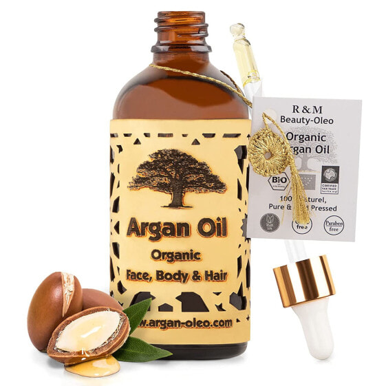 R&M Organic Cold Pressed Argan Oil - Moroccan Fair Trade Oil for Hair, Face, Nails and Lips, as well as Scars and Pimples & Massage Oil - Bottle with Pipette (100 ml)