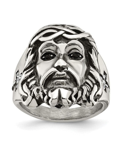 Stainless Steel Antiqued Black White Crystal Jesus Ring