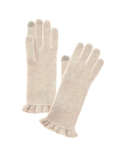 Hannah Rose Evie Ruffle Edge Ribbed Cashmere Gloves Women's Brown