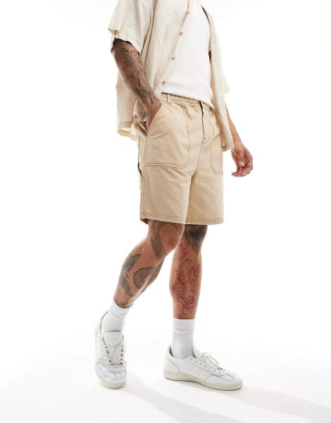 Native Youth contrast stitch utility shorts in beige