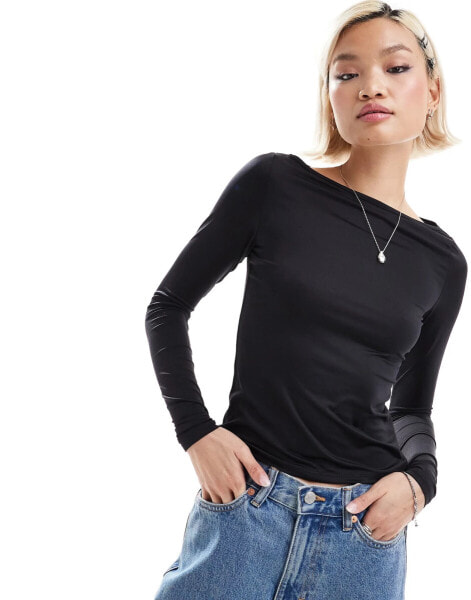 Monki long sleeve boat neck top in black