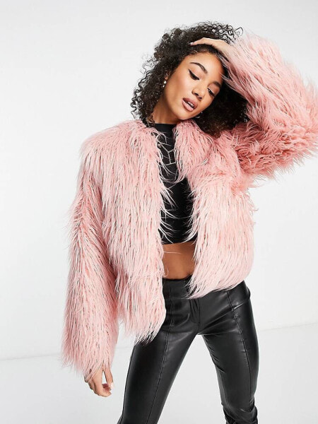 River Island faux fur jacket in light pink
