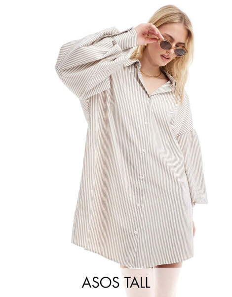 ASOS DESIGN Tall boyfriend shirt mini dress with blouson sleeve in stone stripe