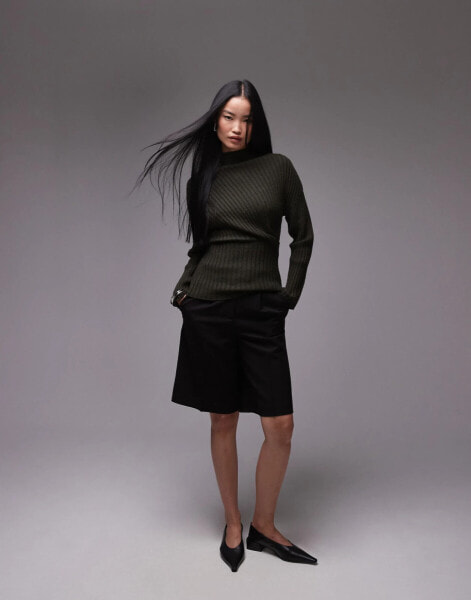 ARKET knitted long sleeve top with deep fold over off shoulder detail in dark khaki green