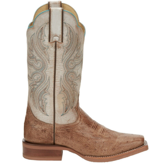 Justin Boots Willa Smooth Ostrich Embroidered Square Toe Cowboy Womens Beige, B