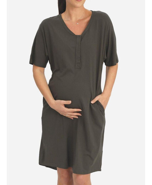 Maternity Mama Hospital Nightie Set with Baby Pouch in Khaki Bamboo