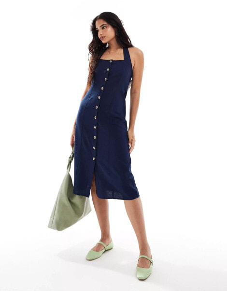 Vero Moda buttondown linen touch halter midi dress in navy