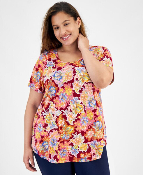 Plus Size Glorious Garden Scoop-Neck Top, Created for Macy's