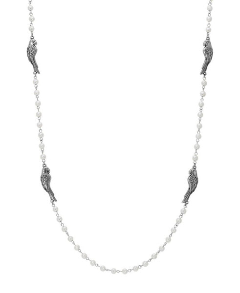 2028 silver-Tone Pewter Parrot Imitation Pearl Chain Necklace