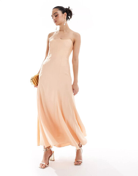 ASOS DESIGN satin bandeau midi dress with shaped neckline in peach