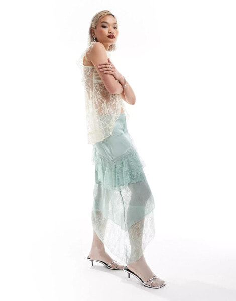 Reclaimed Vintage limited edition midi slip skirt with lace and frill details in mint green