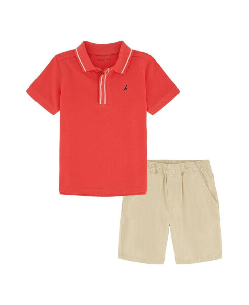 Little Boys Tipped Pique Polo Shirt and Prewashed Twill Shorts, 2 Pc Set