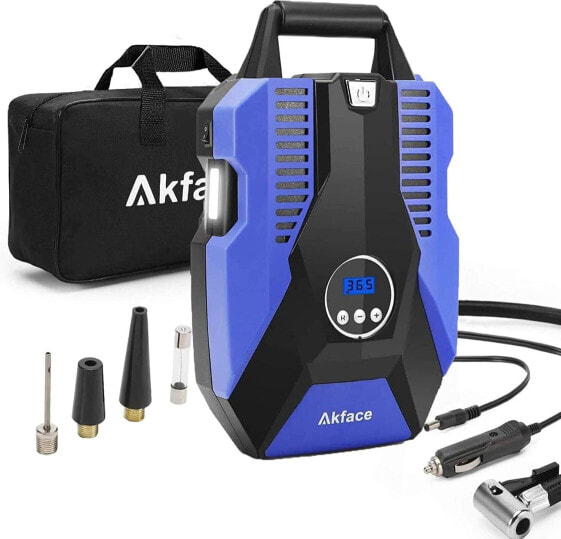 akface Car Air Compressor, Air Pump, 12 V, 150 PSI, Mobile Compressor for Motorcycle, Bicycle Balls, Balloons, Inflatable Pool Stop, Preset Preset Preset Pressure LED Light, LCD Screen, Blue